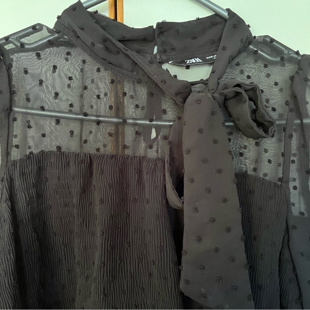 Zara Black Sheer Dot-Tier Tie-Neck Blouse - Picture 6 of 14